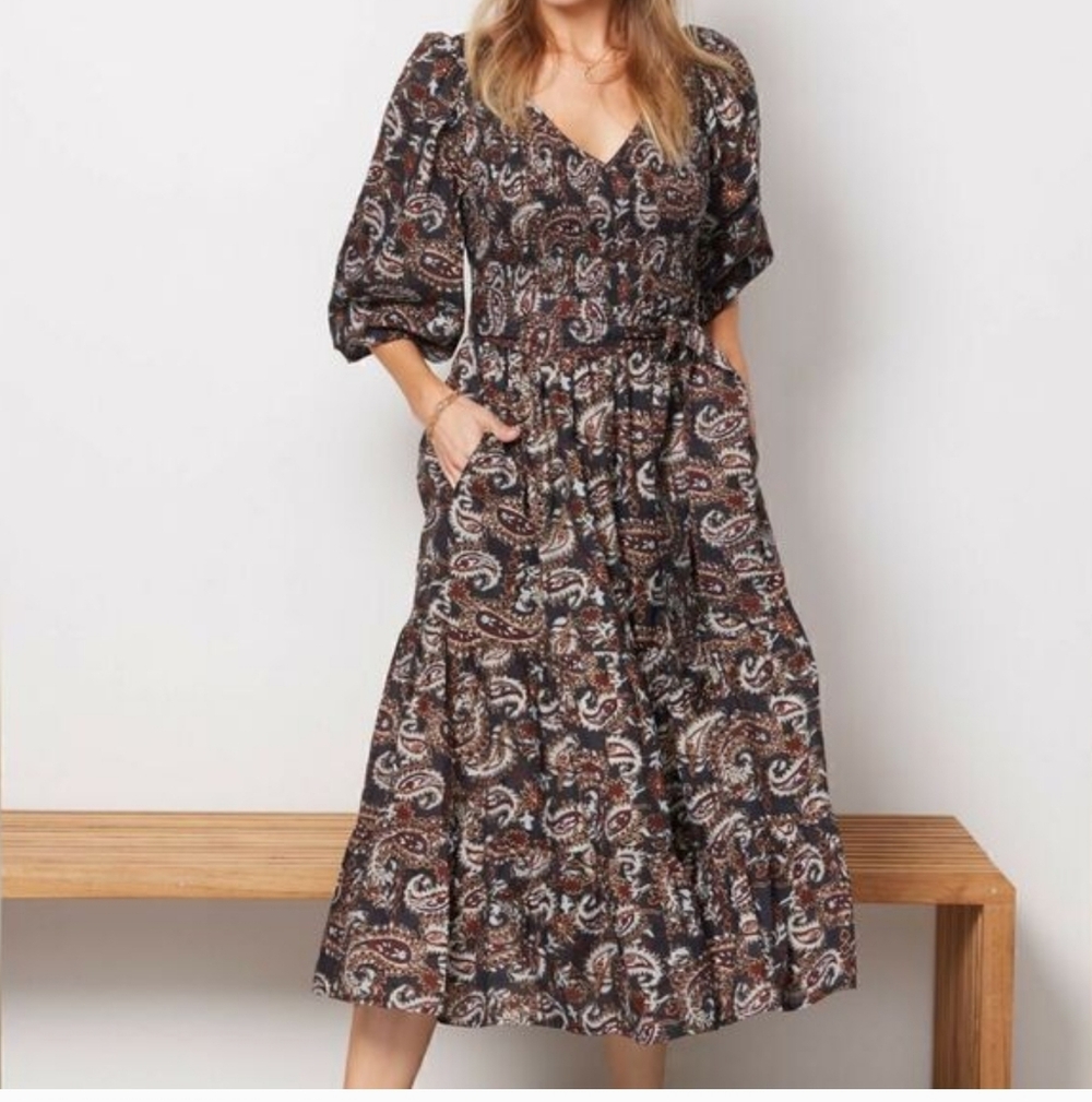Cleobella Carly Pleated Spring V-Neck Dress Paisly Boho Avalon XS Casual Loose